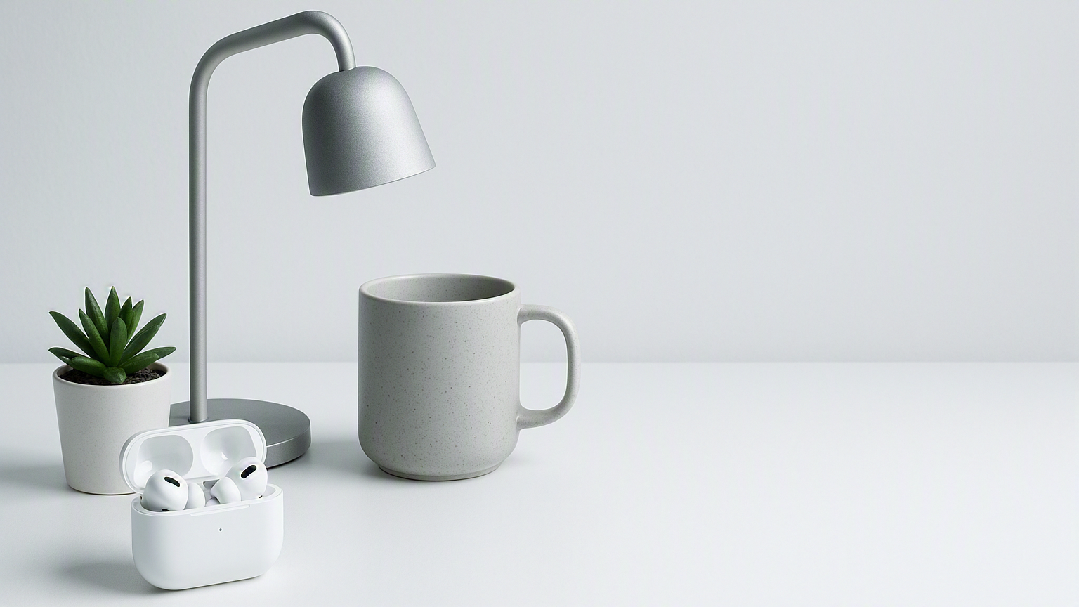Composición de productos ROVKON: lámpara, taza y auriculares en escritorio minimalista